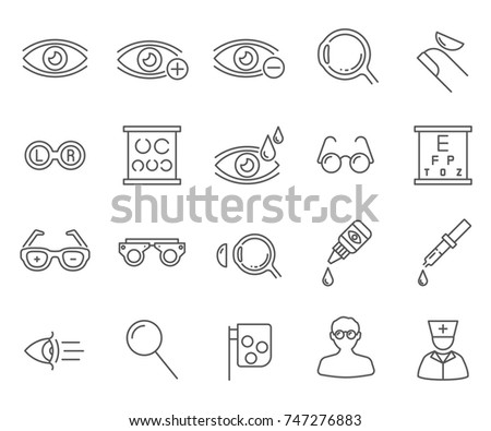 Set of optometry Related Vector Line Icons.Includes such Icons as vision, glasses, lenses, vision correction, eye socket, hyperopia, myopia, optics, ophthalmologist and more.