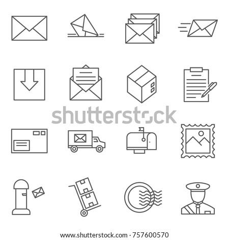 Set of post office Related Vector Line Icons. Includes such Icons as icon as letter, mailman, delivery, mail, courier, Inbox and etc.