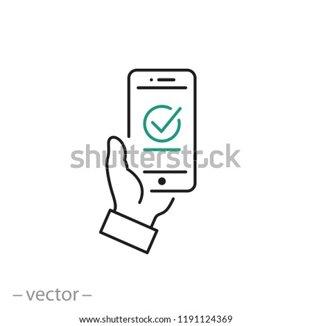 Payment approved icon, green checkmark on smartphone linear sign isolated on white background - editable illustration eps10