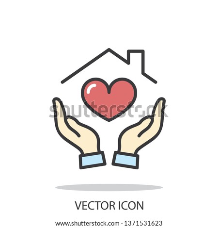 Hands holding house with heart icon, line sign on white background - editable stroke vector illustration eps10