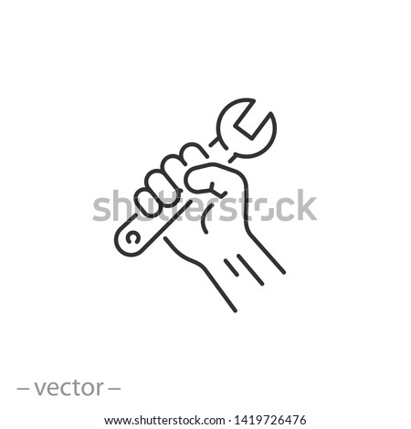 service icon, repair mechanic, wrench in hand, line symbol on white background - editable stroke vector illustration eps10