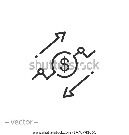cost reduce or increase icon, risk analysis, benefit dollar concept, arrows save price, salary, thin line symbol for web and mobile phone on white background - editable stroke vector illustration