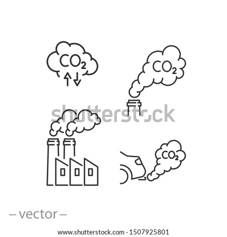 smoke icon set, air pollution, co2, thin line web symbols on white background - editable stroke vector illustration eps10