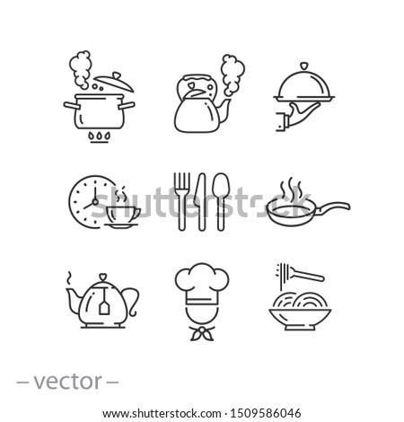 cooking icon set, kitchen tools, cup, cook, pot, kettle and more, thin line web symbols on white background - editable stroke vector illustration eps10