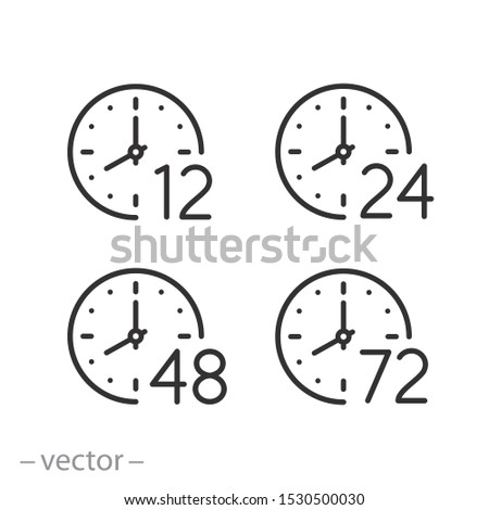 set of time icons, arrow hours 12, 24,48 and 72, delivery service time, work time clock, thin line web symbols on white background - editable stroke vector illustration eps 10
