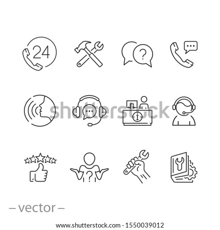 service customer help icons set, call center support, assistance phone, advise contact information, thin line web symbols on white background - editable stroke vector illustration eps 10