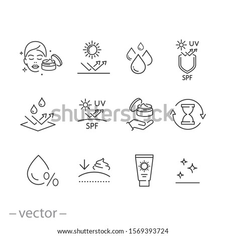 care skin icon set, sunscreen safeing for uv and water, cleansing and moisturizing, face mask, elasticity skin covering, thin line symbol - editable stroke vector illustration eps10