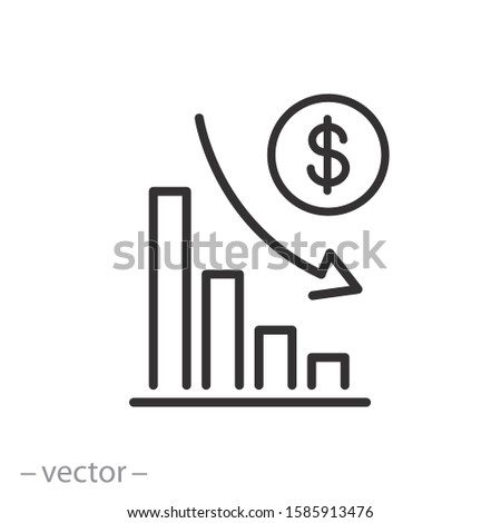financial risk icon, benefit reduce dollar, reduction cost, thin line web symbol on white background - editable stroke vector illustration eps10