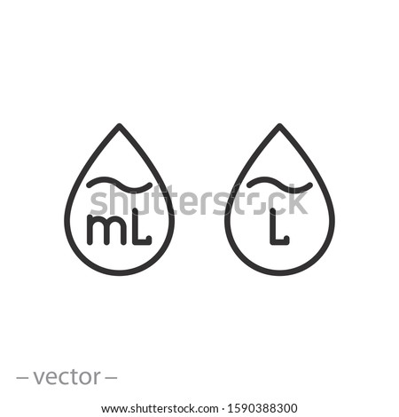 liter icon, drop liquid, fluid volume l and ml, capacity water, thin line web symbol on white background - editable stroke vector illustration eps10

