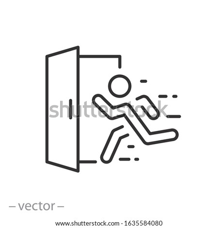 emergency exit icon, fire door, safe way, escape, thin line web symbol on white background - editable stroke vector illustration eps10