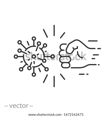 fist kick by bacteria icon, protect on virus, conquer infection disease, resistance antimicrobial, thin line web symbol on white background - editable stroke vector illustration eps10