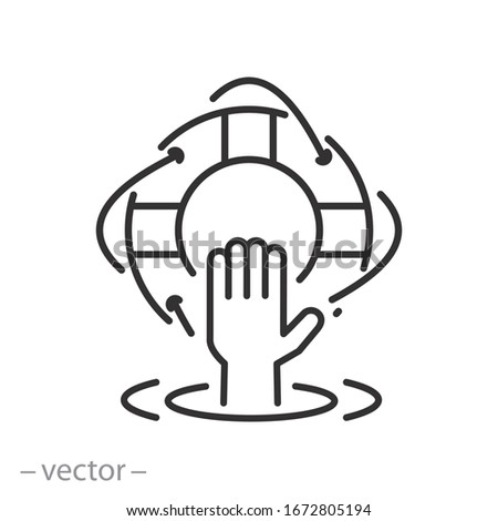 life buoy with hand on beach icon, life safety belt on sea, lifeguard help, survival logo, thin line web symbol on white background - editable stroke vector illustration eps10