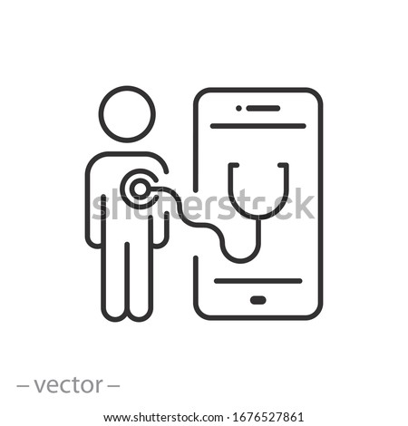 online professional doctor icon, medical consultation app for patient meeting, clinic service on a smartphone, thin line web symbol on white background - editable stroke vector illustration eps10