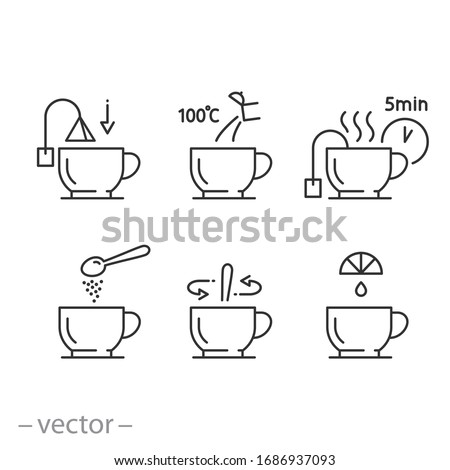 tea preparation instruction icon set, process cooking hot drink, making cup with kettle for pour water, time brew tea, thin line web symbols on white background - editable stroke vector illustration
