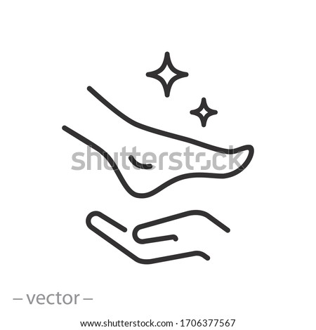 foot care icon, hand with leg, massage foots, body health, thin line web symbol on white background - editable stroke vector illustration eps10