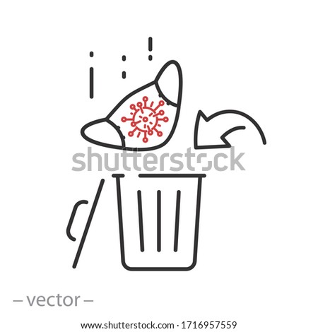 used mask icon, throw out in the bin, thin line web symbol - editable stroke vector illustration eps 10
