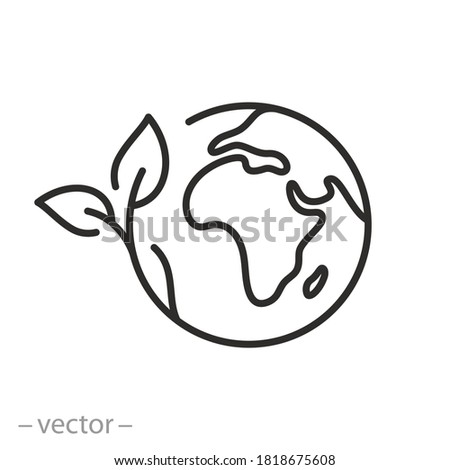 green earth planet concept, icon, world ecology, nature global protect, logo eco environment, globe with leafs, thin line simple web symbol on white background