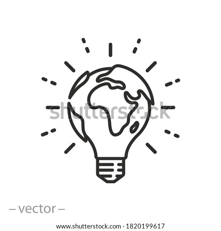lightbulb globe concept icon, world eco innovation creative idea, green energy on earth planet, global solution with electricity, logo unique, thin line simple web symbol on white background