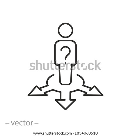 man with question decision icon, people choice lost, answer doubt, business direction crossroad, person in confuse, thin line symbol on white background - editable stroke vector illustration