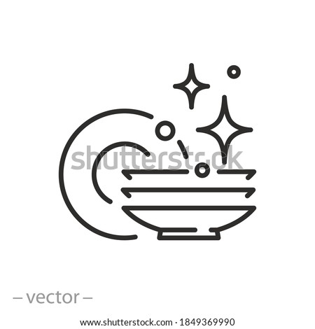clean dishes icon, shiny plate stack, wash kitchen utensil, pile tableware, thin line symbol on white background - editable stroke vector illustration eps 10