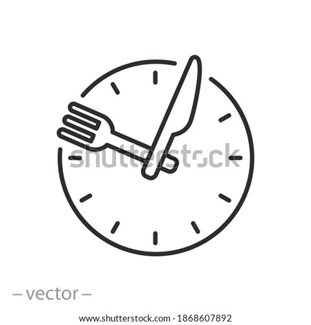 time eat lunch icon, hour healthy food, diet fast concept, break meal, clock with fork knife, thin line symbol on white background - editable stroke vector illustration