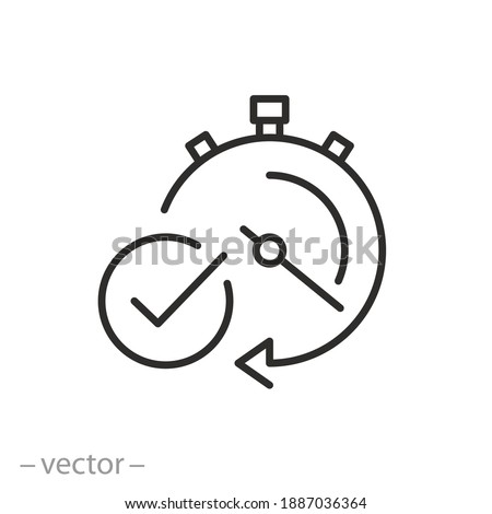 quick time icon, fast deadline, timer with check mark, instant verification, rapid delivery, line symbol on white background - editable stroke vector illustration eps10