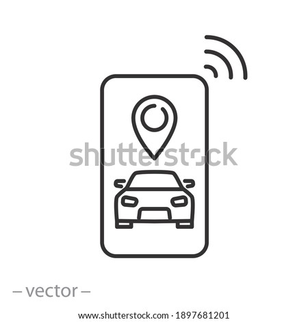 car parking smart app icon, gps application, map park location in phone valet, thin line symbol on white background