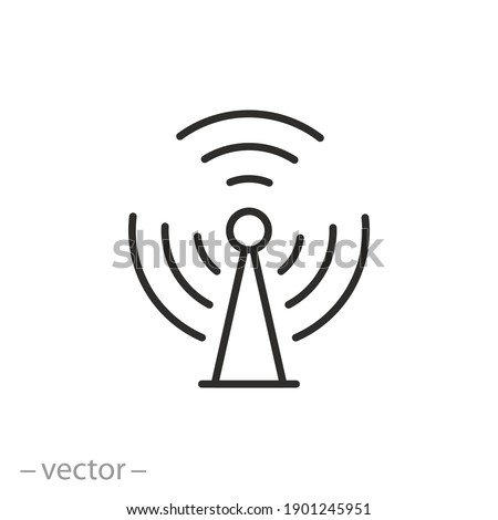 antenna or radar signal icon, telecommunication tower, cellular broadcast, internet connect tech, wireless thin line symbol on white background - editable stroke vector illustration eps10