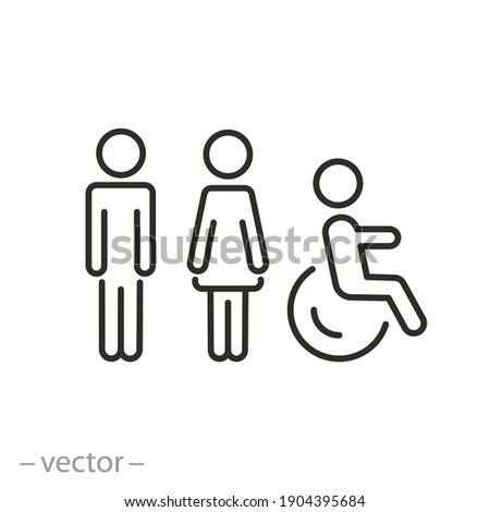 toilet signage icon, wc or bathroom for various gender, signs of men women and wheelchair for restroom, thin line symbol on white background - editable stroke vector illustration eps10