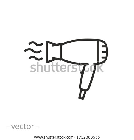 dryer hair icon, hairdryer with blow air, use appliance, thin line web symbol on white background - editable stroke vector illustration eps10