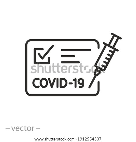 vaccine passport icon, vaccination certificate against covid-19 with check mark, medical card or passport for travel in time pandemic, thin line symbol on white background - editable stroke vector