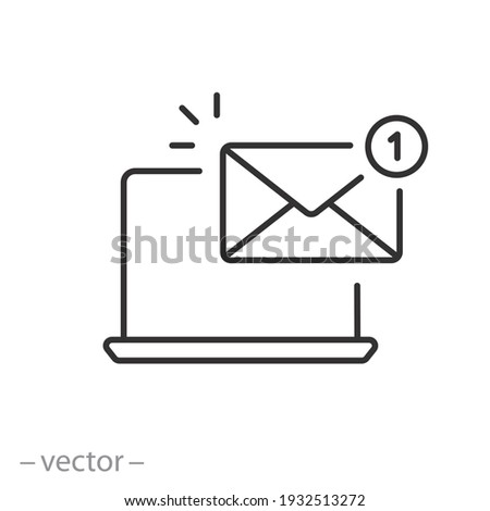 laptop with mail icon, message on the desktop, notification marketing, information in the pc mailbox, alert email, thin line symbol on white background - editable stroke vector eps10