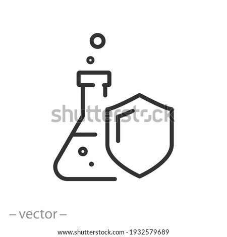 proof chemical resistant icon, flask with shield, protection against chemistry, safety laboratory experiment, toxic defense, linear sign isolated on white background - editable vector illustration