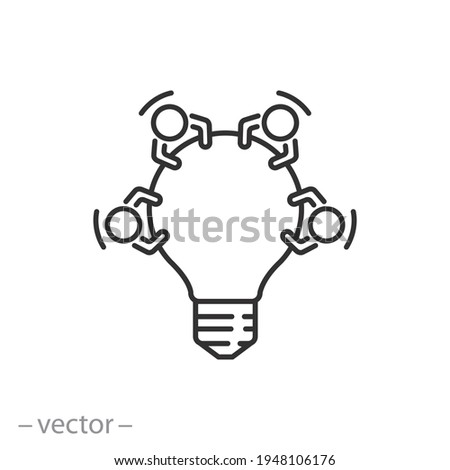 team brainstorm icon, share business idea, community  innovation development, group people, creative knowledge, meeting table lightbulb, thin line symbol - editable stroke vector eps10