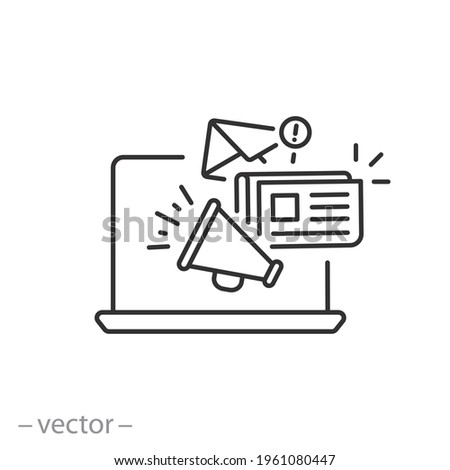 news content icon, share media latest, social personal blog, latest information, megaphone announce, thin line symbol on white background - editable stroke vector eps10