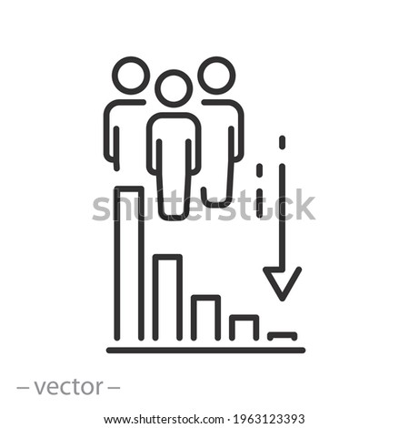 decrease population icon, less people, decline amount, demography drop, thin line symbol on white background - editable stroke vector eps10