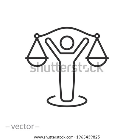 ethic balance icon, man with scale, principle justice or moral, code honesty, thin line symbol on a white background - editable stroke vector illustration eps10