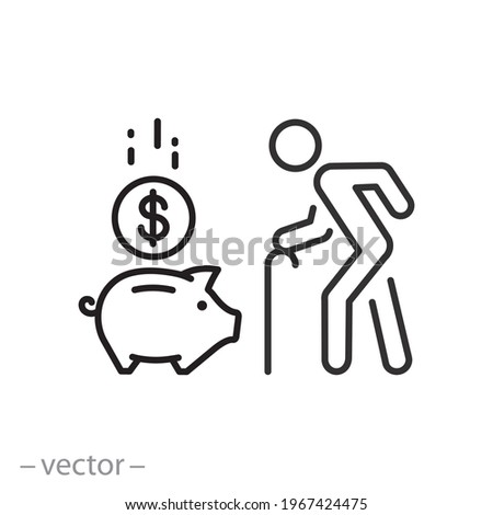 saving money icon, pension fund, old man with cane, retirement age and piggy bank, thin line symbol on white background - editable stroke vector eps10