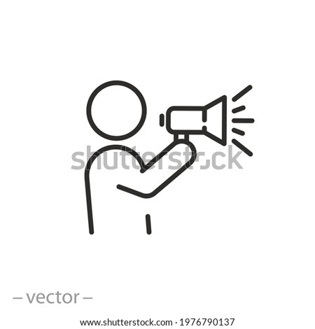 announce in loudspeaker, icon, public advocacy through megaphone, speaker man with news, loud voice warning, thin line symbol on white background - editable stroke vector eps10