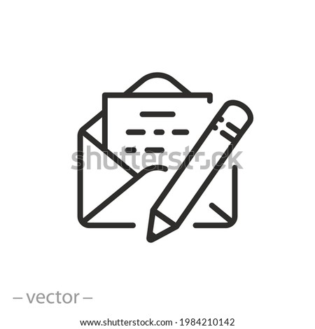 message writing icon, email communication, mail newsletter with pencil, opening envelope concept, thin line symbol on white background - editable stroke vector illustration eps10