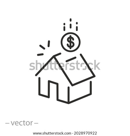 mortgage property icon, isometric house with credit payment, money loan for estate, home investment, thin line symbol on white background - editable stroke vector illustration