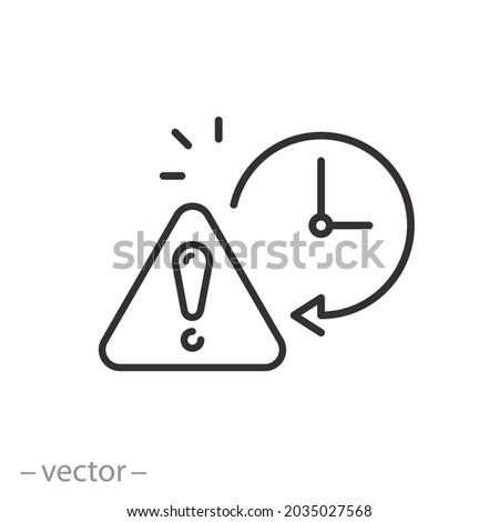 expiration icon, exclamation with clock, attention, expiry time or date, deadline notification, thin line symbol on white background - editable stroke vector illustration