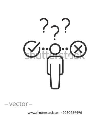 false or true choice icon, yes and no, man make evaluation, negative or positive conclusion, right answer person, thin line symbol - editable stroke vector illustration