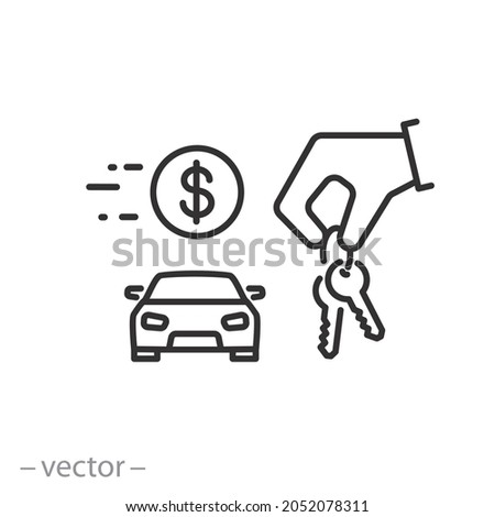 give key in hand icon, rental or hire car, agent broker, auto sale or rent, dealer, thin line symbol on white background - editable stroke vector illustration eps10