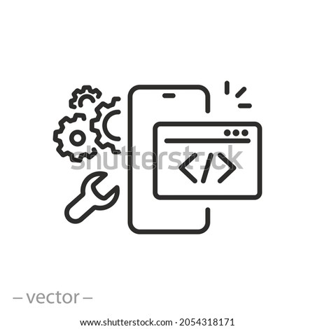 mobile software icon, phone system development, react user, configure application, thin line symbol on white background - editable stroke vector illustration eps10