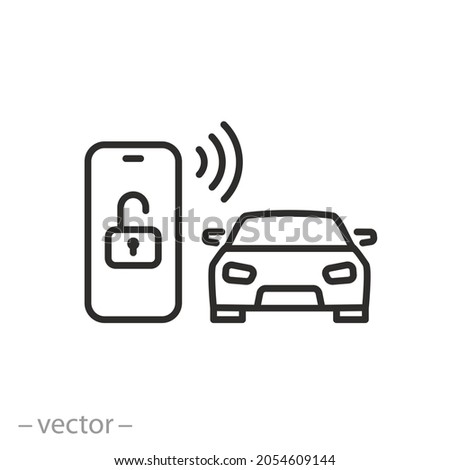 car key in smartphone icon, using smart lock application, automatic locking or open door in vehicle, phone nfc technology, close auto, thin line symbol on white background - editable stroke vector