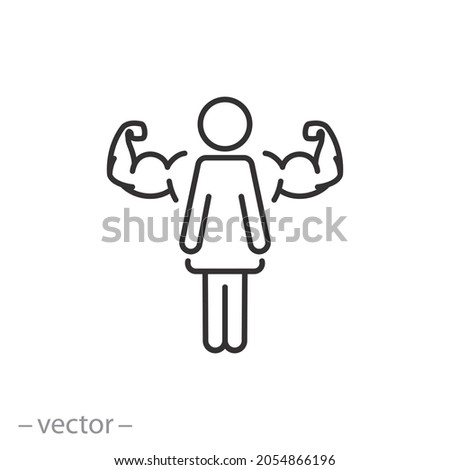 woman power icon, strong active girl, untapped potential female, she  motivation to be stronger, arm gain muscle, feminism concept, thin line symbol on white background - editable stroke vector illustration