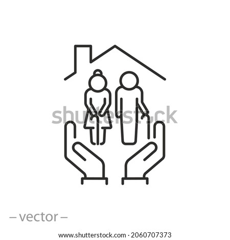 elder care icon, old people with home, help age generation, senior healthcare, caregiver organization, health insurance, charity people community, thin line symbol - editable stroke vector
