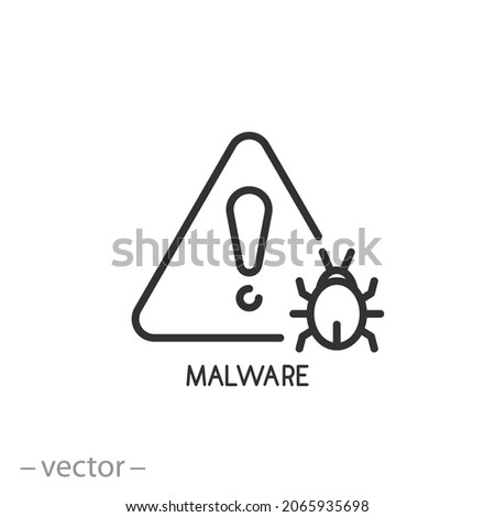warning malware icon, virus on pc or mobile, hazard infection, outline bug, cyber attack, computer security, thin line symbol on white background - editable stroke vector illustration