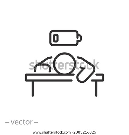 tired person in the workplace, tiredness or burnout icon, low level energy in work battery, exhausted and sleepy man, thin line symbol - editable stroke vector illustration